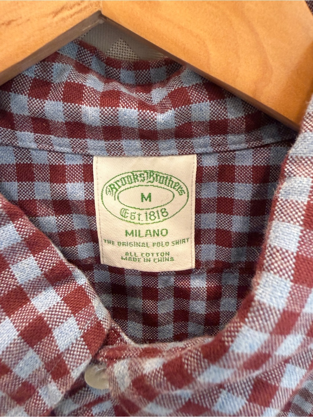 Brooks Brothers Red & Light Blue Check Cotton Polo Shirt - M